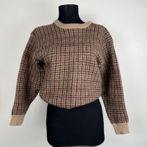 Vintage Wool Houndstooth Sweater | Brown Plaid Pullover, Made in Hong Kong